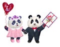 Valentines day.Pandas in love. Balloon, congratulatory letter.Watercolor illustration.Hand drawn.